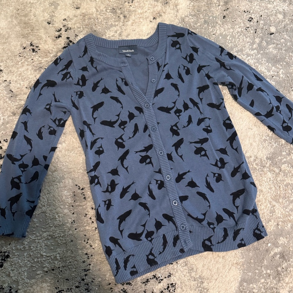Modcloth Blue and Black shark Pattern Cardigan